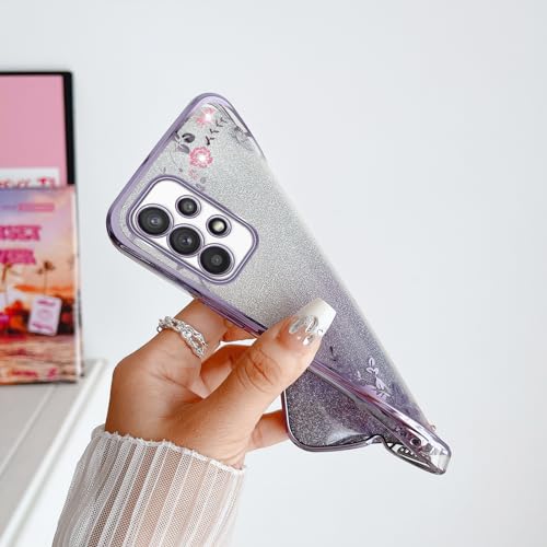 Image of for Samsung Galaxy A53 Case, A53 5G Case for Women Gradual Change Glitter Crystal Soft TPU Stylish Butterfly Floral Heart Clear Protective Cover with Strap for Samsung A53 5g (Purple)