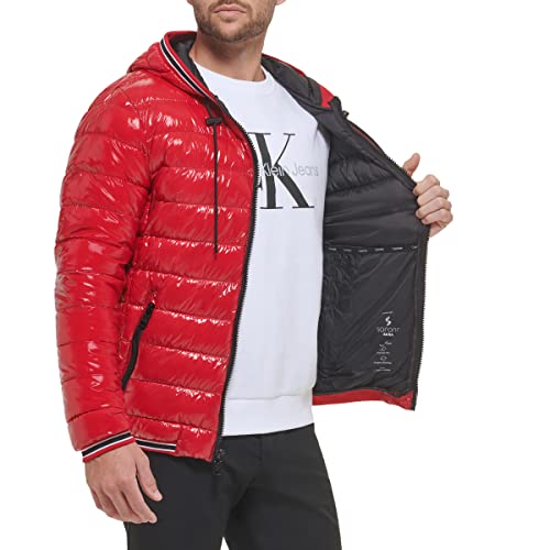 Calvin Klein Hooded Shiny Puffer Jackets, Winter Coats For Men, True Red, Large #TOP1