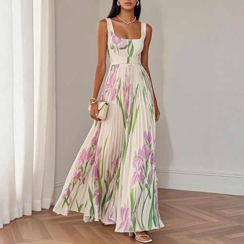 Robe Longue Femme Chic et Elegant Plissée à Fleurs sans Manches Col Carré pour Mariage Soirée Cocktail Robe Mariage Invitée Fluide Légère Taille Haute Taille 36 38 40 42 44,Violet,S,f729r – vue 2