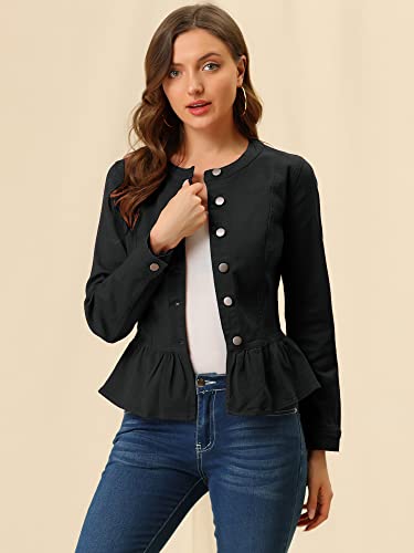 Allegra K C2206080352 Women'S Peplum Denim Jackets Collarless Round Neck Button Down Cropped Ruffle Hem Jacket Medium Blacks thumb #4
