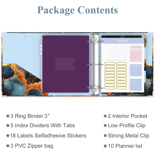 Image of 3 Ring Binder, 3 Inches Round Ring Binder with Clipboard, Dividers Tabs, PVC Zipper Bag Sleeves & to Do List Planners for Women, Men, School, Office Supplies, Abstraction