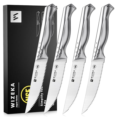 WIZEKA Steak Knives Set of 4: Dishwasher Safe Serrated Steak Knives 4.5 Inches, German Stainless Steel Kitchen Knives of Steak, Jaguar Series