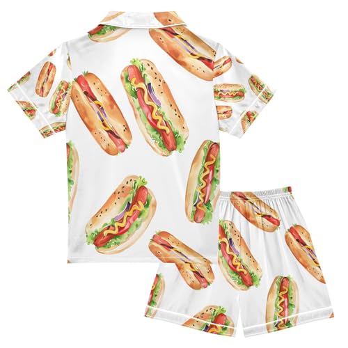 senya Hotdog Watercolor Satin Summer Pajama Sets Silk Short Sleeve Button Down Sleepwear2