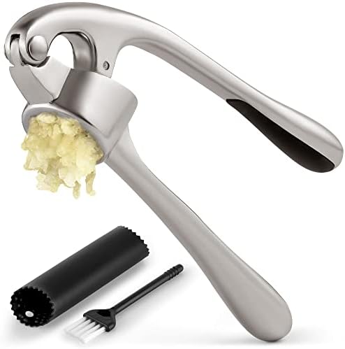 Zulay Kitchen Garlic Press With Soft, Easy To Squeeze Ergonomic Handle - Garlic Mincer Tool With Sturdy Design Extracts More Garlic Paste - Easy To Clean Garlic Crusher And Ginger Press (Silver)