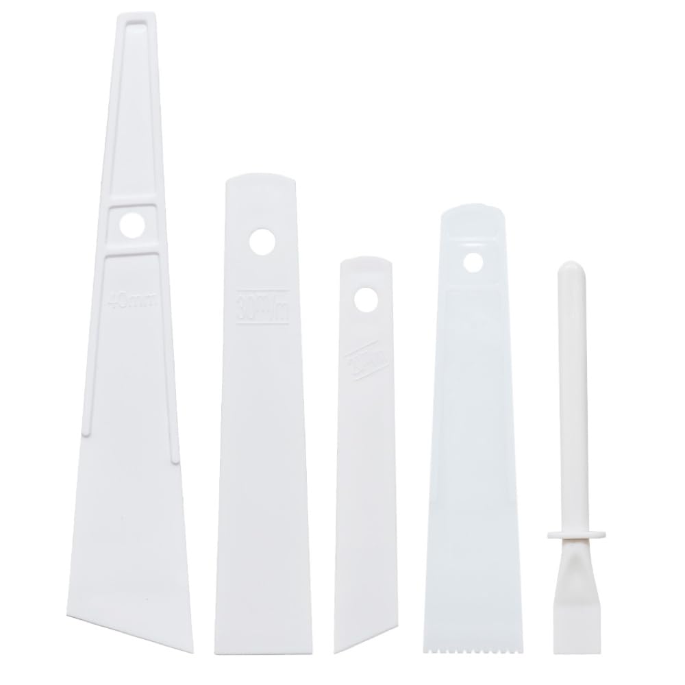 5Pcs White Plastic Glue Spreader Smear Plate Scraper Sticks Brushes Durable Flexible Easy to Clean Glue Applicator Spatula Kit Gap Filling Tool for Woodworking Leather Adhesive Projects,5Size