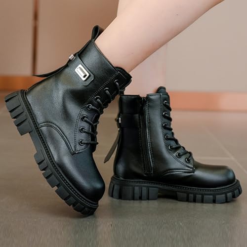 Girls Comfort Boots Ankle Shoes Lace Up Side Zipper Riding Boot Faux Leather Short Booties 4-11 Years3