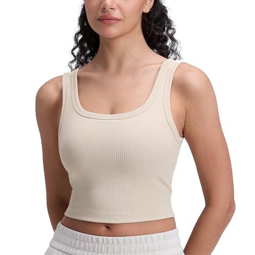 Image of CRZ YOGA Ribbed U Neck Crop Tank Tops | Medium Support, Removable Pads, Casual, Wide Straps, Longline Sports Bras for Women