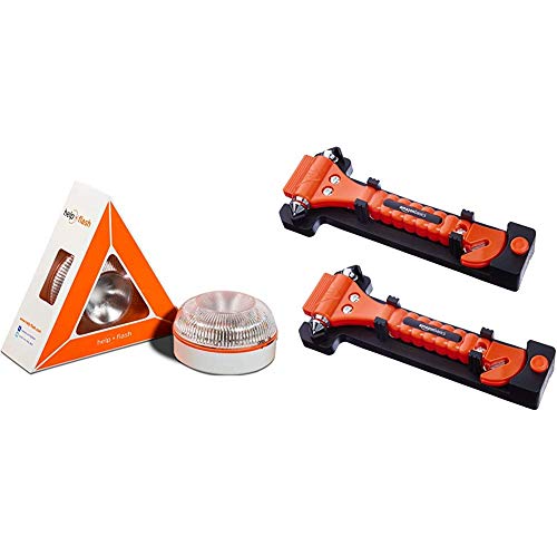 Help flash - Luz de emergencia autónoma - Señal v16 de preseñalización de peligro, homologada DGT & Amazon Basics - Cortador de cinturón de seguridad y martillo rompecristales de emergencia, pack de 2 Cover