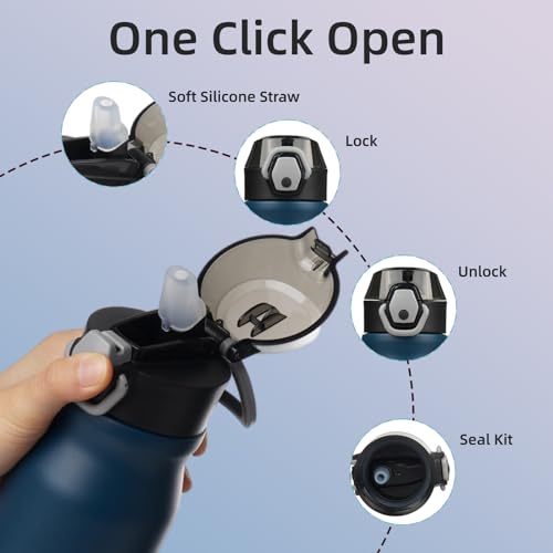 Image of BJPKPK 25 oz Insulated Water Bottle, Straw, Handle, Stainless Steel Flask | Leak Proof Locking Lid, Thermal, Double Wall Vacuum, Keeps Hot /Cold, BPA Free, Dishwasher Safe, Travel & Sports, Navy Blue