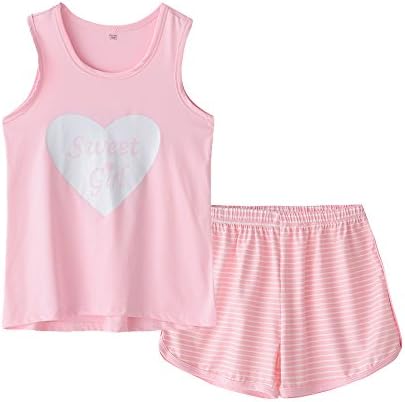 MyFav Big Kids Girls Sleeveless Sleepwear Hearts Shape Striped Pajama Nightgown (as1, age, 6_years, Pink)