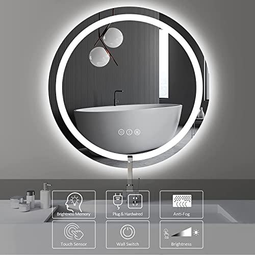 Amorho Round Led Bathroom Mirror 32 Inch, Backlit + Front-Lighted, Dimmable Makeup Mirror, Frameless Shatter-Proof Anti-Fog Mirrors, Anti-Fog, Memory, 3 Colors #TOP1