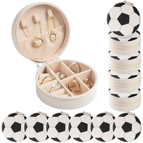 Mindoub 12-Pack Soccer Jewelry Box Bulk Team Gifts for Girls, White Round Mini Travel Jewelry Case for Soccer Players Coaches, Senior Night Tournament Gifting
