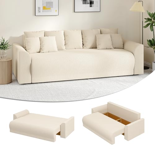 HOMCOM Schlafsofa 190x150cm 3-Sitzer Sofa mit Schlaffunktion, Stauraum, Schlafcouch mit Breiter und Tiefer Sitzfläche, 9 Kissen, Cord-Optik für Wohnzimmer, Beige, Hergestellt in der EU