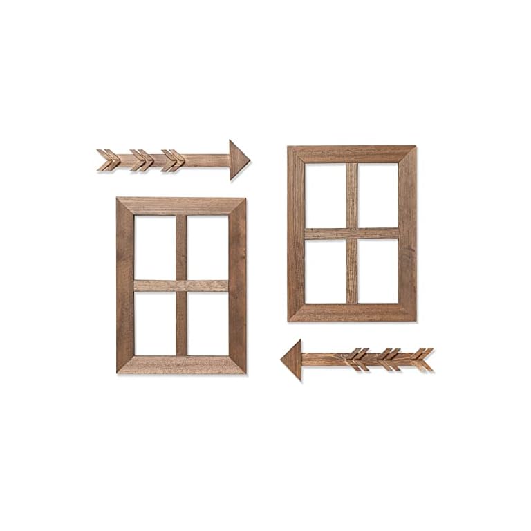 Ilyapa Window Frame Wall Decor 2 Pack - Brown Rustic Wood Window Pane with 2 Wooden Decor Arrows - Country Farmhouse Decorations