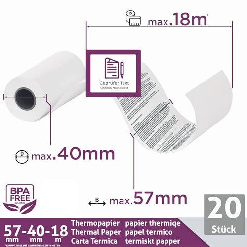 Ec-Cash Thermorollen 57mm x 18m x 12mm - Kassenrollen - Thermopapier - Bonrollen für Bankomat - Kredit-Kartenlesegeräte (57x40x12) mit SEPA-Lastschrifttext (20 Rollen)