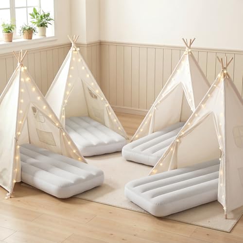 Wilwolfer 4 Pack Kids Teepee Tent with Inflatable Airbeds - Play Tent with Star Lights, Colorful Flags – Foldable Toddler Sleepover Party Supplies Gifts(White)