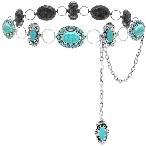 Xiokyo Turquoise Belt Silver Western Chain Belt, Cowgirl Concho Style with Turquoises Embellishment for Women (Statement Oval, Fits low waist 26–30(43 total))