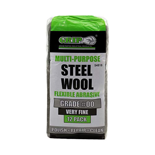 Grip Multi-Purpose Steel Wool Flexible Abrasive 12 Pack (Very Fine #00) - Polish/Restore Aluminum, Copper, Brass - Remove Old Finishes - Repair Burn Marks in Wood - Home, Garage, Workshop