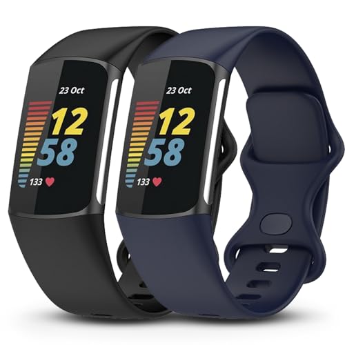 Garmcool 2 Paket Armbands Kompatibel mit Fitbit Charge 6 / Charge 5 Armband Verstellbares Sport Silikon Ersatzarmband Kompatibel für Damen Herren/Schwarz Dunkelblau L