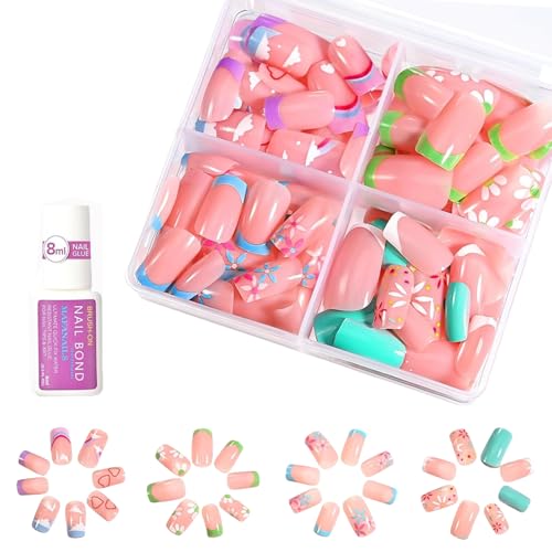 Mrltau 96 Pcs Fingernägel zum Aufkleben Kinder, Süße Künstliche Nägel zum Aufkleben, Blumen-Kirsch-Punkte-u nd-Linien-Designs, Künstliche Fingernägel Geschenk für Mädchen, Press on Nails for Kids