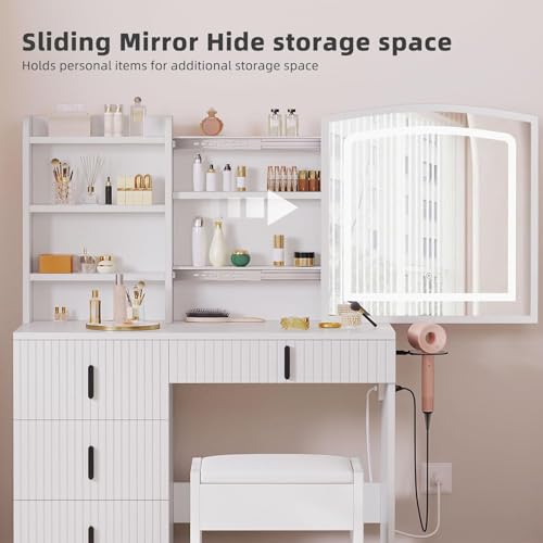 DWVO Makeup Vanity Desk with LED Lighted Mirror & Power Outlet, Fluted Large Vanity Set with 4 Drawers, 3 Color Brightness Adjustable, Lots Storage Dressing Table with Chair for Bedroom, White