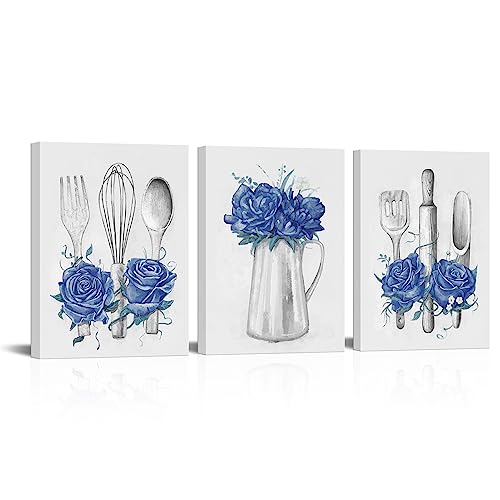 Visual Art Decor Kitchen Art Blue Kitchen Decor Painting Framed Ready to Hang 12x16inchx3Pieces (Deep Blue)