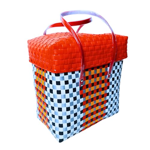 Image of Hand Made Multipurpose Plastic Basket with Lid | Eco-Friendly, Washable, Rust-Free Storage Basket for Kitchen, Picnic, Toys, Travel, Office | Lightweight basket (Red with Light blue, Small)
