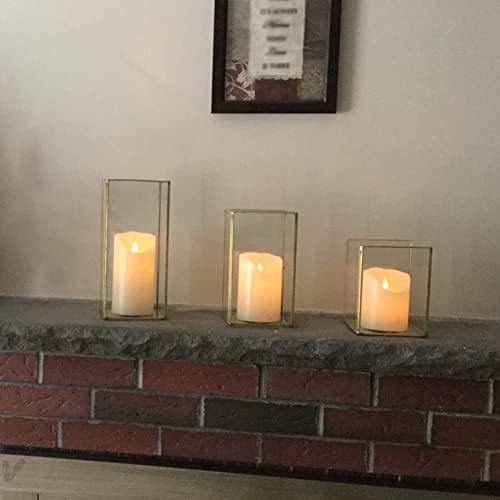 Hewory Glass Hurricane Candle Holder Set of 3, Gold Large Hurricane Centerpiece for Table, Tall Floor Square Pillar Candle Holders Lantern Set for Wedding, Anniversary, Party, Fireplace, Dining Room by Hewory - Used condition - Image 4