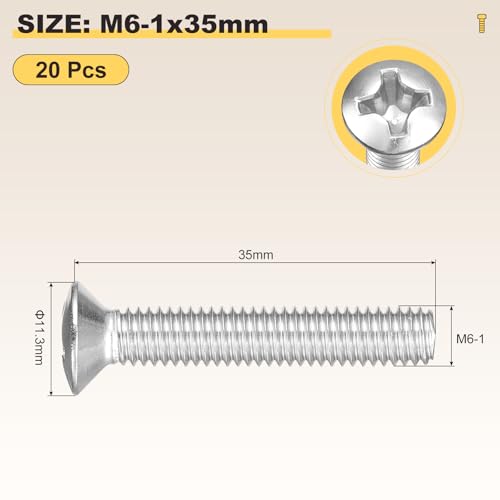 Image of METALLIXITY Semi-Countersunk Oval Head Machine Screws (M6-1x35) 20Pcs, 304 Stainless Steel Phillips Cross Recessed Machine Screw Bolts - for Furniture Assembly DIY Projects, Silver