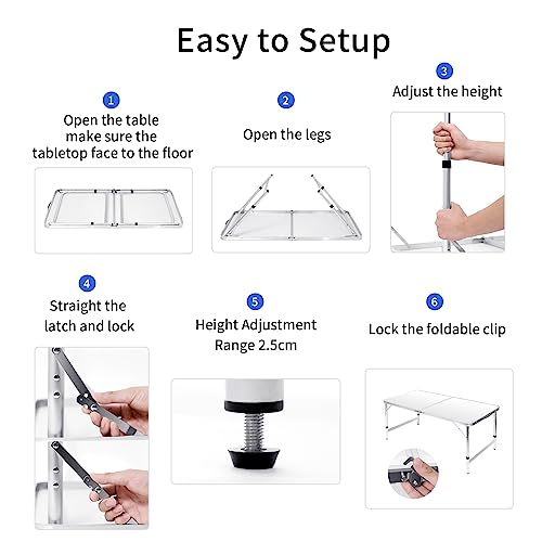 Moosinily Folding Camping Table, 4 Ft Aluminum Folding Table, Picnic Table With Handle, Adjustable Portable Camp Table For Picnic, Bbq, Party, Beach/White #TOP7