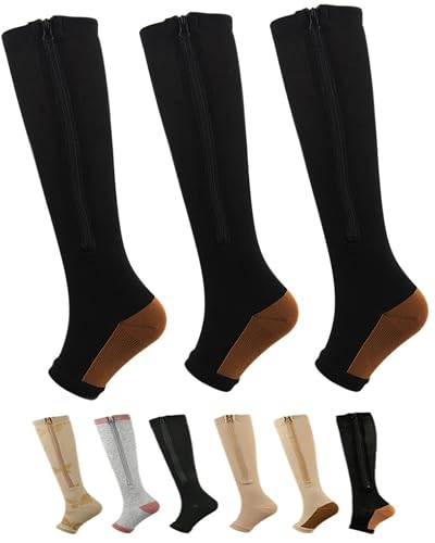 Image of Zipper Compression Socks for Women & Men Circulation Calf Knee High 15-20mmHg Open Toe Compression Stocking suit for Circulation Support