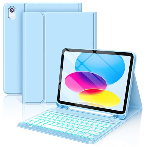 FUWANG for iPad A16 11th 10th Generation Case with Keyboard, Magnetic Detachable 7-Color Backlit Folio Cover Keyboard Case for iPad (A16) 11th 11 inch/10th Gen 10.9 inch with Pencil Holder, Blue