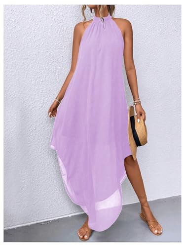 Image of Verdusa Women's Wedding Guest Dress Halter Flowy Chiffon Long Dresses | Cocktail Dress, Asymmetrical Dress for Women, Sleeveless, Prom Dress, Cruise Outfits, Boho