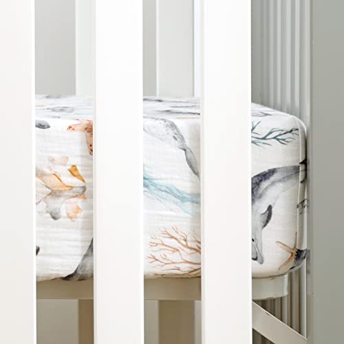 Grssder Soft Muslin Crib Sheet 1 Pack, 100% Cotton Crib Sheets For Boys And Girls, Fit Standard Crib Mattresses 52" X 28" Safe And Snug, Stylish Ocean Print #TOP1