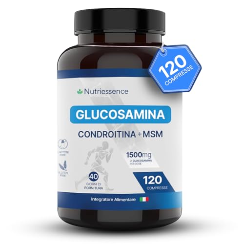 Nutriessence Glucosamina 500 mg | Colágeno, MSM, Vitamina C | Cartílago | Glucosamina 1500 mg + Condroitina + MSM + Colágeno Marino + Ácido Hialurónico + Zinc, 120 Comprimidos, 40 Días, Made in Italy