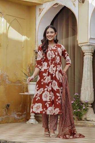 Image of NIVANA Floral Printed Kurta with Pant & Stripe Printed Dupatta | 3 /4 Sleeves | Round Notch Neck Button Detail