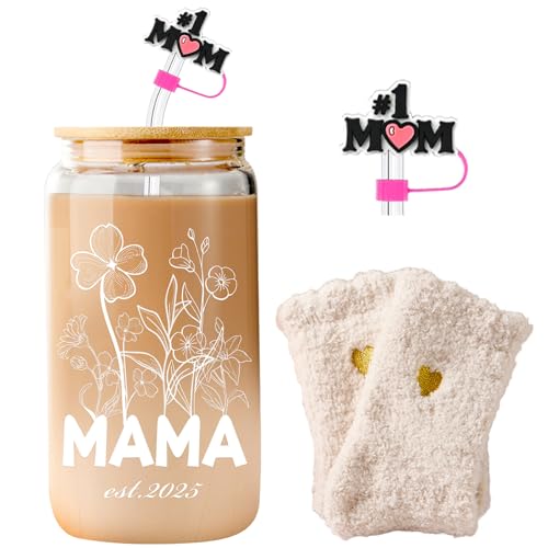 Lvoetgif Mama Gifts For New Mom, 1st Mothers Day Pregnant Coffee Cup, Mama Est 2025, New Pregnancy Gifts For Expecting Mommy, Boy Girl Mom Gift Basket - Including Straw Cap, Cozy Socks by Lvoetgif - Used condition - US$7.16