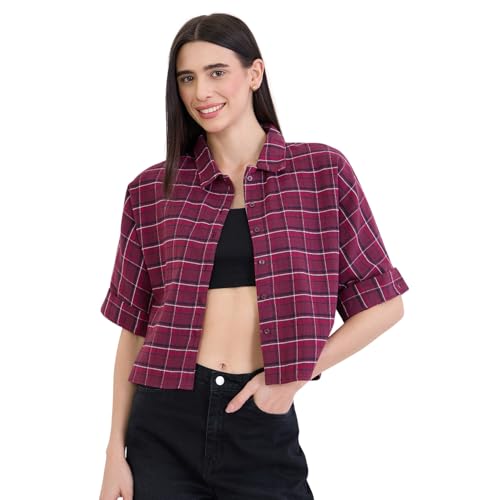 Image of Chimpaaanzee Women Checks Half Sleeve Crop Shirt