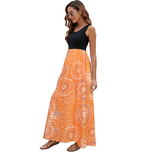 Image of Sherosa Women Boho Chevron Striped Floral Printed Summer Sleeveless Tank Long Maxi Party Dress