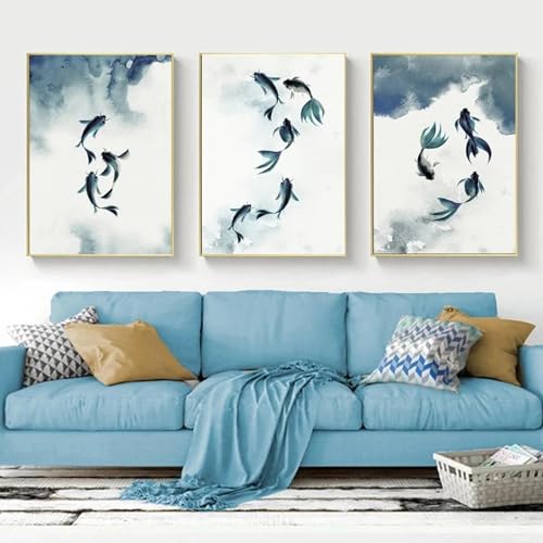 Affiches abstraites de poisson bleu pour salon moderne 3 pièces 70x100 cm