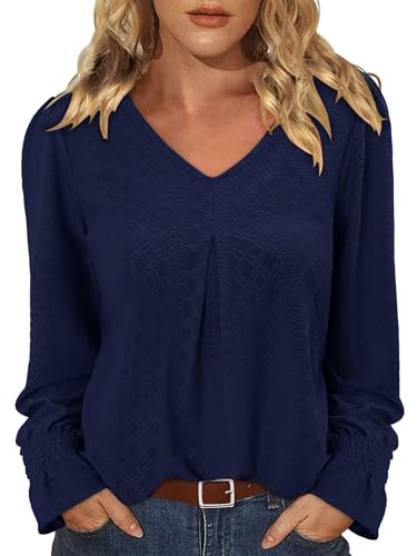 KISSMODA Long Sleeve Fall Shirts For Women V Neck Tunic Tops Embroidered Button Down Knitted Blouses 2025
