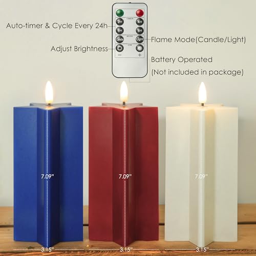 Image of LUSHARBOR 4th of July Flameless Candles with Remote, Red White & Blue 3 Pack Patriotic Battery Operated Candles Star Shape, Real Wax LED Fake Candles for Home Party Holiday Decor