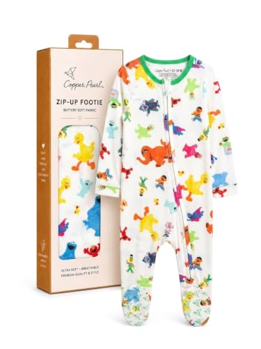 Copper Pearl Zip-Up Footie Baby Pajamas – Soft Newborn Onesies for Boys &amp; Girls, Tag-Free with Two-Way Zipper Baby Sleepers for Newborn - Sesame Friends, 12-18 Months