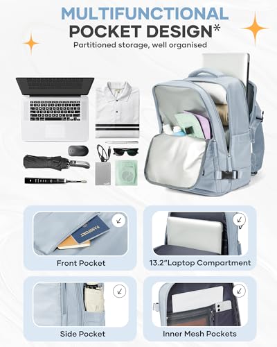Image of coofay Travel Backpack Carry on Flight Approved Mochila De Viaje Carry on Backpack for Airplanes Spirit Airlines Personal Item Bag 18x14x8 Inches Travel Bag Traveling Backpack for Women Men Grey Blue