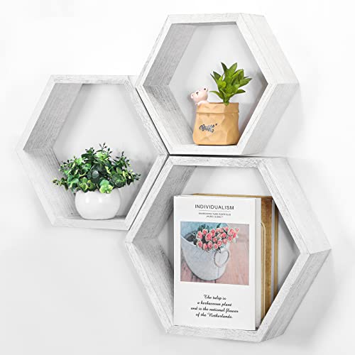 Juego de 3 estantes hexagonales flotantes, montaje en pared, estantería de panal, granja, estantería hexagonal, estantería de almacenamiento de pared, estantería colgante de madera (Blanquecino)