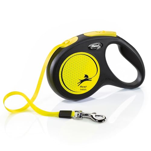 flexi® Neon M Gurt 5 m schwarz, Gurt in neon-gelb, Roll-Leine für Hunde bis 25 kg