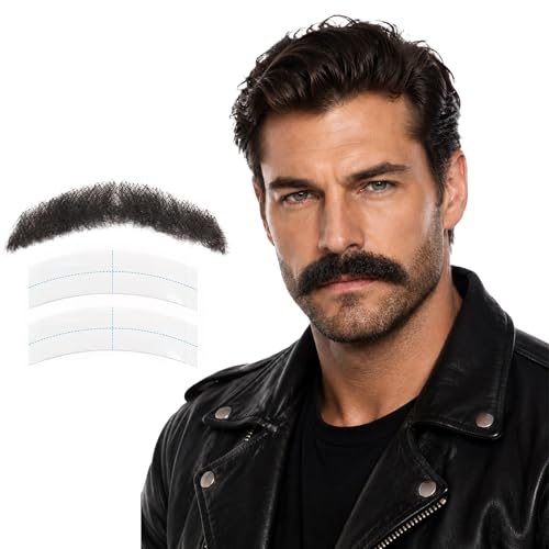 CenXRui Fake Beard & Fake Mustache for Halloween Cosplay 100% Human Hair Realistic Beard with Invisible Lace Stick On Mustache for Theater Party & Viking Pirate Looks (Style C-Black)