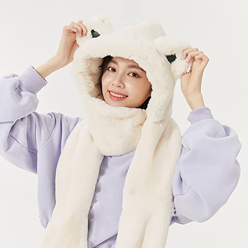 OHRAIN Warm Bear Hoodie Hat/Scarf/Gloves Set for Women Soft Plush Thick Hat Long Scarf Mitten 3-in-1 Multi-Functional Combo4