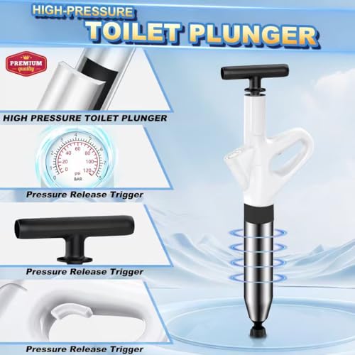 Image of High Pressure Toilet Plunger, Heavy Duty Plunger for Bathroom White | High Pressure Air Drain Blaster Toilet Plunger with Real-Time Pressure Gauge, Heavy Duty Toilet Unclogger for Bathroom Clogs