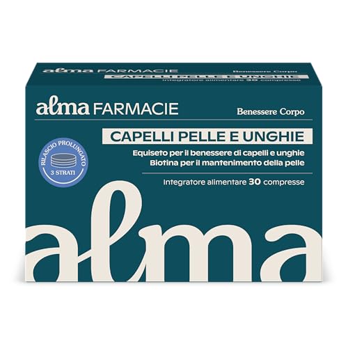 Capelli, Pelle e Unghie Alma Farmacie 30 compresse con Biotina, Zinco, Ginkgo Biloba, Integratore Alta Concentrazione, con 3 Strati Rilascio Prolungato
